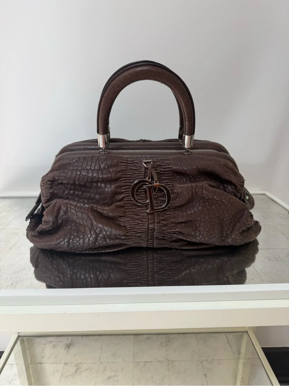 Dior Dark Brown Textured Leather Satchel with CD Charm